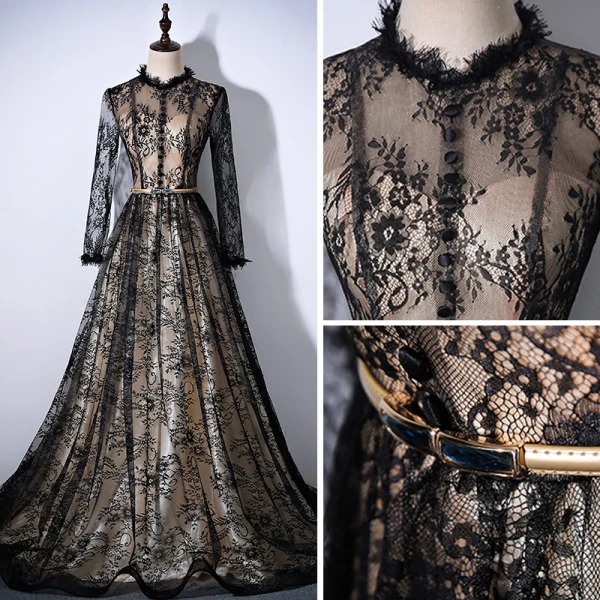 Vintage Black Champagne Evening Dresses 2017 A-Line / Princess Scoop Neck Long Sleeve Appliques Lace Rhinestone Sash Cathedral Train Ruffle Formal Dresses