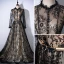 Vintage Black Champagne Evening Dresses  2017 A-Line / Princess Scoop Neck Long Sleeve Appliques Lace Rhinestone Sash Cathedral Train Ruffle Formal Dresses