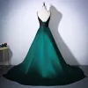 Sexy Dark Green Evening Dresses  2017 A-Line / Princess Spaghetti Straps Sleeveless Bow Sash Cathedral Train Ruffle Backless Formal Dresses