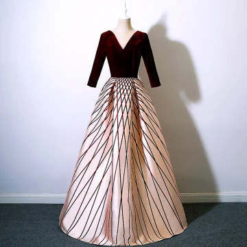 Modern Fashion Burgundy Prom Dresses 2017 A Line Princess V Neck Long Sleeve Striped Floor Length Long Backless Formal Dresses