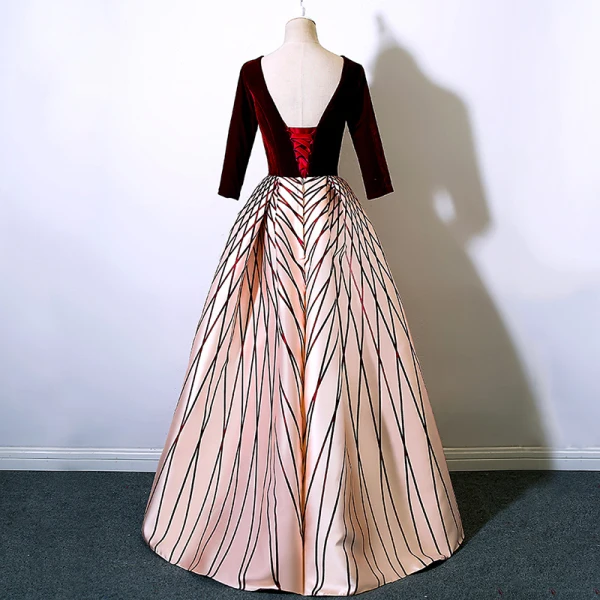 Modern / Fashion Burgundy Prom Dresses 2017 A-Line / Princess V-Neck Long Sleeve Striped Floor-Length / Long Backless Formal Dresses