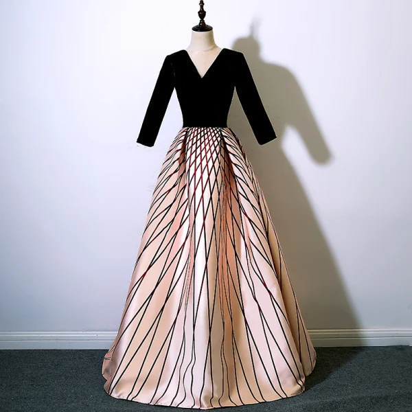 Modern / Fashion Burgundy Prom Dresses 2017 A-Line / Princess V-Neck Long Sleeve Striped Floor-Length / Long Backless Formal Dresses