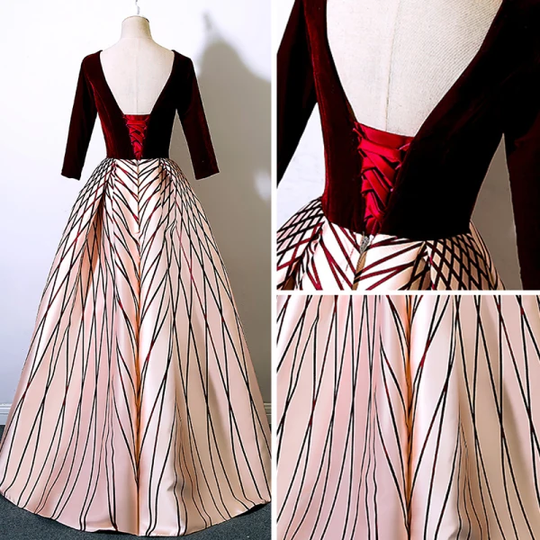 Modern / Fashion Burgundy Prom Dresses 2017 A-Line / Princess V-Neck Long Sleeve Striped Floor-Length / Long Backless Formal Dresses