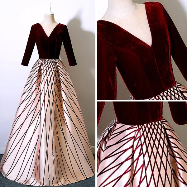 Modern / Fashion Burgundy Prom Dresses 2017 A-Line / Princess V-Neck Long Sleeve Striped Floor-Length / Long Backless Formal Dresses