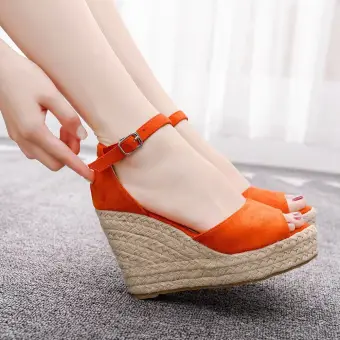 Chic Beautiful Orange Street Wear Beach Braid Womens Sandals 2025 Ankle Strap 10 Cm Wedges Open Peep Toe Sandals