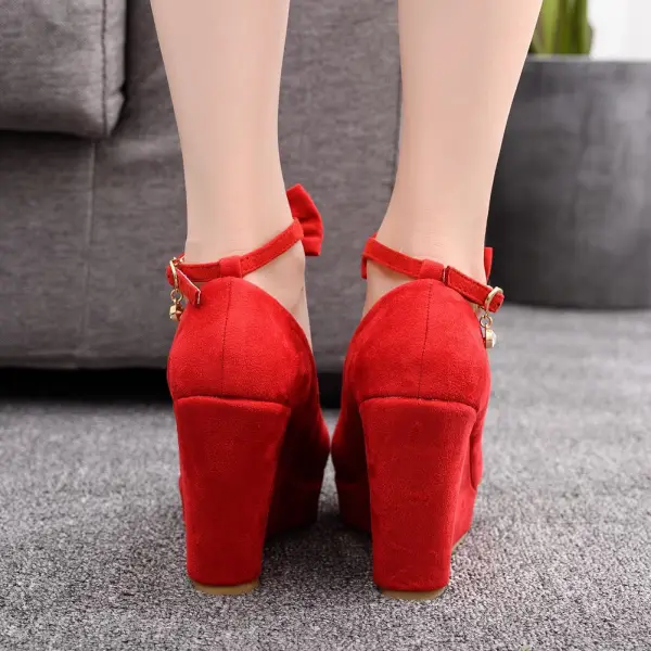 Exaggerated Red Bow Wedges Prom Womens Shoes 2025 10 cm Waterproof Round Toe Womens Shoes