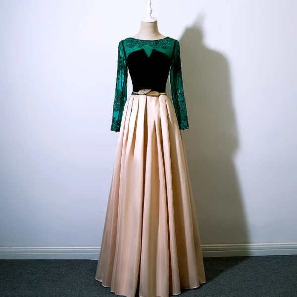 Modern / Fashion Burgundy Prom Dresses 2017 A-Line / Princess Scoop Neck Long Sleeve Appliques Lace Sequins Metal Sash Floor-Length / Long Ruffle Formal Dresses