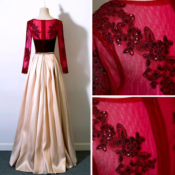 Modern / Fashion Burgundy Prom Dresses 2017 A-Line / Princess Scoop Neck Long Sleeve Appliques Lace Sequins Metal Sash Floor-Length / Long Ruffle Formal Dresses