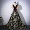 Elegant Black Gold Prom Dresses 2017 A-Line / Princess Scoop Neck Short Sleeve Printing Flower Satin Sash Chapel Train Backless Formal Dresses