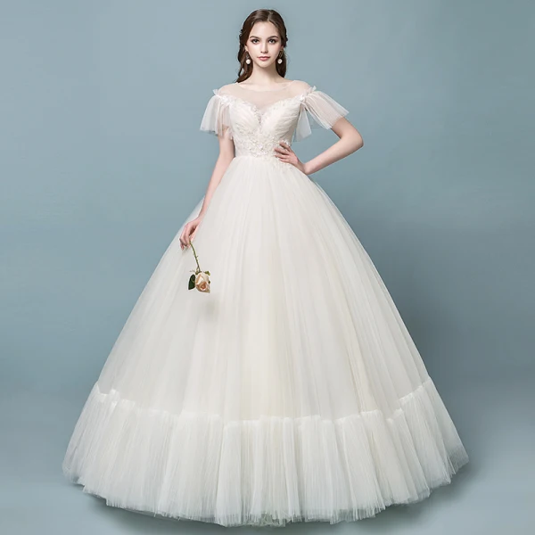 Discount See-through Champagne Wedding Dresses 2018 Ball Gown Square Neckline Short Sleeve Backless Pearl Beading Appliques Lace Ruffle Floor-Length / Long