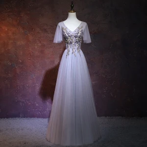 Élégant Lavande Robe De Soirée 2018 Princesse V Cou Manches Courtes Perlage Cristal Longue Volants Dos Nu Robe De Ceremonie