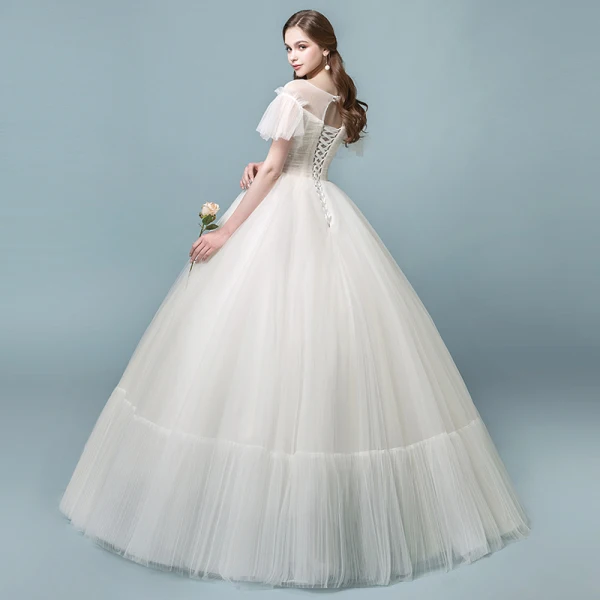 Discount See-through Champagne Wedding Dresses 2018 Ball Gown Square Neckline Short Sleeve Backless Pearl Beading Appliques Lace Ruffle Floor-Length / Long