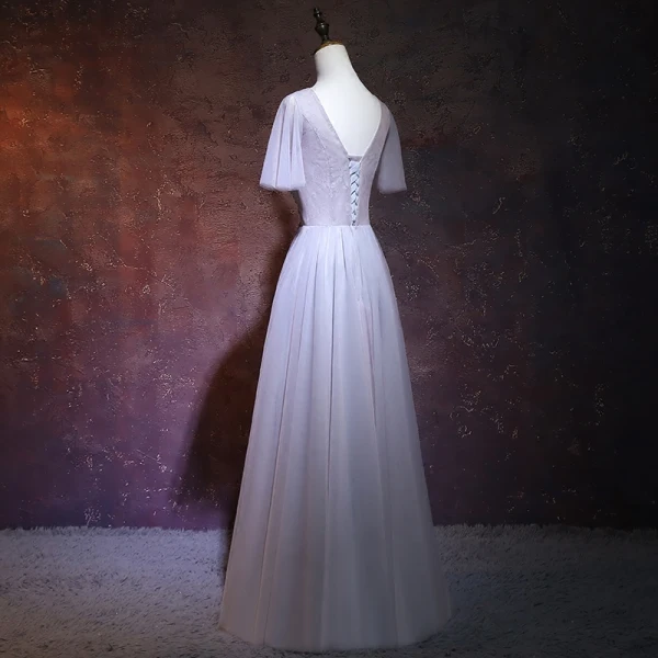 Élégant Lavande Robe De Soirée 2018 Princesse V-Cou Manches Courtes Perlage Cristal Longue Volants Dos Nu Robe De Ceremonie