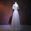 Élégant Lavande Robe De Soirée 2018 Princesse V-Cou Manches Courtes Perlage Cristal Longue Volants Dos Nu Robe De Ceremonie