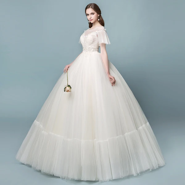 Discount See-through Champagne Wedding Dresses 2018 Ball Gown Square Neckline Short Sleeve Backless Pearl Beading Appliques Lace Ruffle Floor-Length / Long