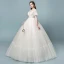 Discount See-through Champagne Wedding Dresses 2018 Ball Gown Square Neckline Short Sleeve Backless Pearl Beading Appliques Lace Ruffle Floor-Length / Long