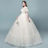 Discount See-through Champagne Wedding Dresses 2018 Ball Gown Square Neckline Short Sleeve Backless Pearl Beading Appliques Lace Ruffle Floor-Length / Long