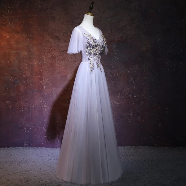 Élégant Lavande Robe De Soirée 2018 Princesse V-Cou Manches Courtes Perlage Cristal Longue Volants Dos Nu Robe De Ceremonie