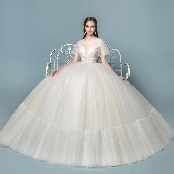 Discount See-through Champagne Wedding Dresses 2018 Ball Gown Square Neckline Short Sleeve Backless Pearl Beading Appliques Lace Ruffle Floor-Length / Long