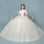 Discount See-through Champagne Wedding Dresses 2018 Ball Gown Square Neckline Short Sleeve Backless Pearl Beading Appliques Lace Ruffle Floor-Length / Long