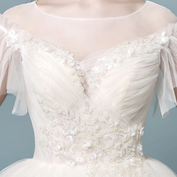 Discount See-through Champagne Wedding Dresses 2018 Ball Gown Square Neckline Short Sleeve Backless Pearl Beading Appliques Lace Ruffle Floor-Length / Long