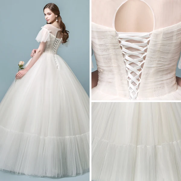 Discount See-through Champagne Wedding Dresses 2018 Ball Gown Square Neckline Short Sleeve Backless Pearl Beading Appliques Lace Ruffle Floor-Length / Long