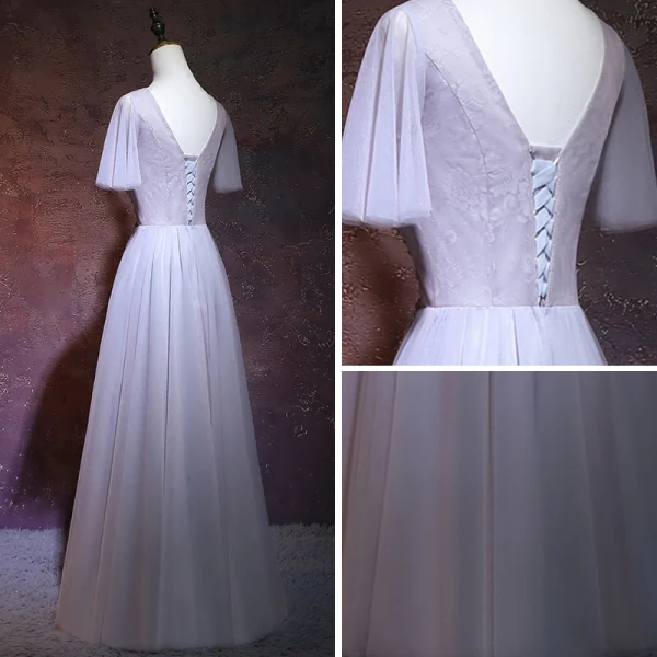 Élégant Lavande Robe De Soirée 2018 Princesse V-Cou Manches Courtes Perlage Cristal Longue Volants Dos Nu Robe De Ceremonie
