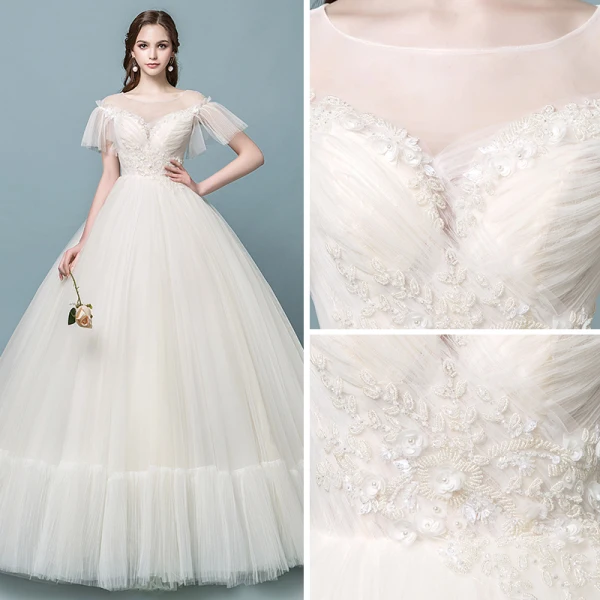 Discount See-through Champagne Wedding Dresses 2018 Ball Gown Square Neckline Short Sleeve Backless Pearl Beading Appliques Lace Ruffle Floor-Length / Long