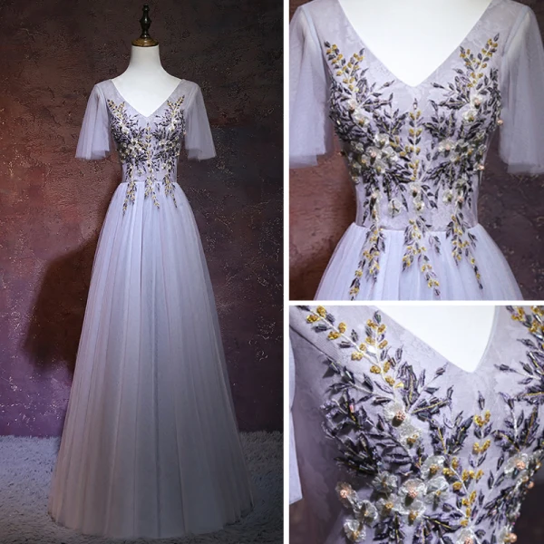 Élégant Lavande Robe De Soirée 2018 Princesse V-Cou Manches Courtes Perlage Cristal Longue Volants Dos Nu Robe De Ceremonie