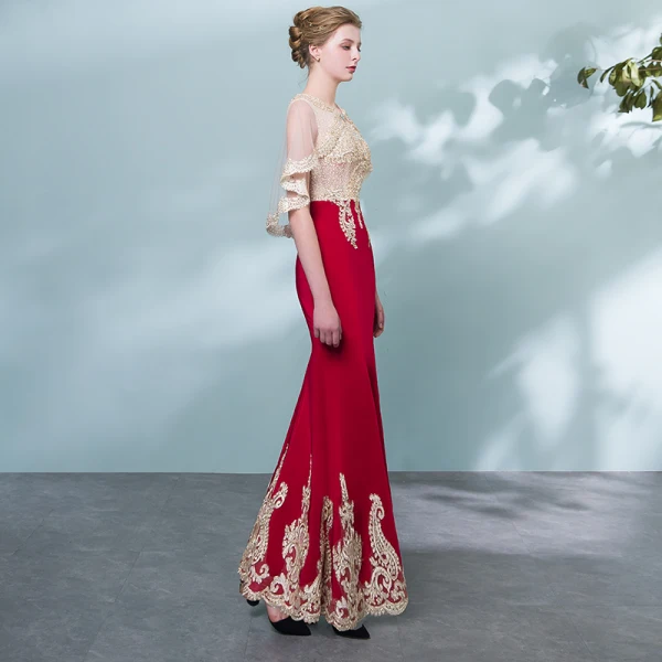 Chic / Beautiful Burgundy Gold Evening Dresses 2018 Trumpet / Mermaid Scoop Neck Sleeveless Appliques Lace Rhinestone Floor-Length / Long Formal Dresses