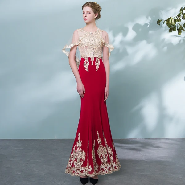 Chic / Beautiful Burgundy Gold Evening Dresses 2018 Trumpet / Mermaid Scoop Neck Sleeveless Appliques Lace Rhinestone Floor-Length / Long Formal Dresses