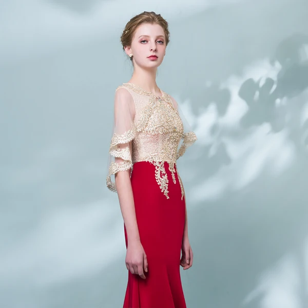 Chic / Beautiful Burgundy Gold Evening Dresses 2018 Trumpet / Mermaid Scoop Neck Sleeveless Appliques Lace Rhinestone Floor-Length / Long Formal Dresses