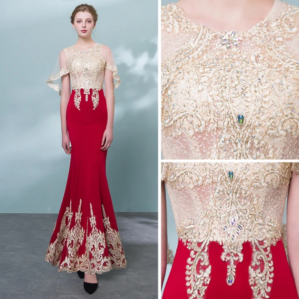 Chic / Beautiful Burgundy Gold Evening Dresses 2018 Trumpet / Mermaid Scoop Neck Sleeveless Appliques Lace Rhinestone Floor-Length / Long Formal Dresses