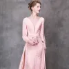 Stunning Pearl Pink Pierced Evening Dresses  2018 A-Line / Princess Scoop Neck Long Sleeve Beading Sash Court Train Ruffle Backless Formal Dresses