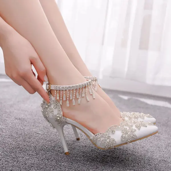 Classy White Rhinestone Wedding Shoes 2022 Leather 9 cm Stiletto Heels Pointed Toe Wedding High Heels