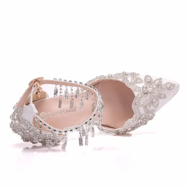 Charmant Weiß Strass Quaste Knöchelriemen Brautschuhe 2023 9 cm Stilettos Spitzschuh Hochzeit Hochhackige