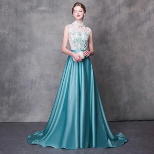 Moderne Mode Vert Jade Robe De Soirée 2018 Princesse Détachable Col Haut Sans Manches Appliques Fleur Perle Plumes Train De Balayage Volants Dos Nu Robe De Ceremonie