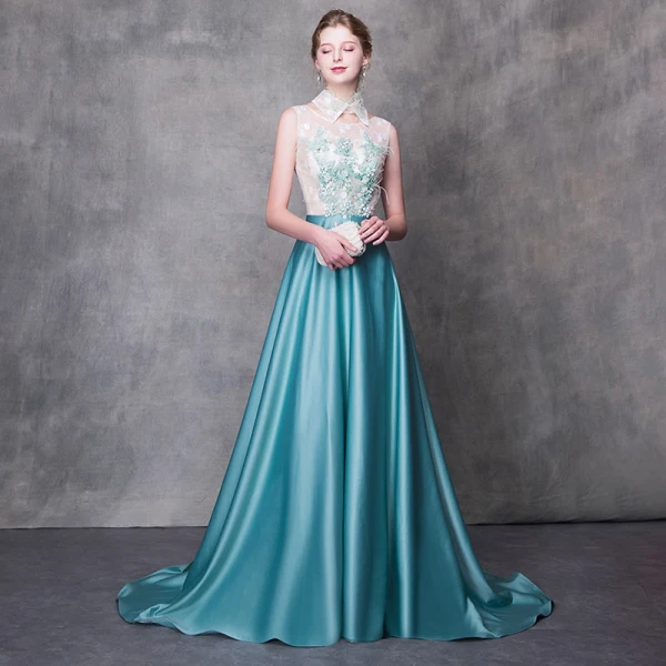 Modern / Fashion Jade Green Evening Dresses 2018 A-Line / Princess  Detachable High Neck Sleeveless Appliques Flower