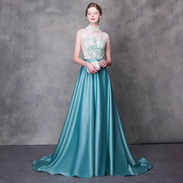 Modern / Fashion Jade Green Evening Dresses  2018 A-Line / Princess Detachable High Neck Sleeveless Appliques Flower Pearl Feather Sweep Train Ruffle Backless Formal Dresses