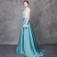Modern / Fashion Jade Green Evening Dresses  2018 A-Line / Princess Detachable High Neck Sleeveless Appliques Flower Pearl Feather Sweep Train Ruffle Backless Formal Dresses