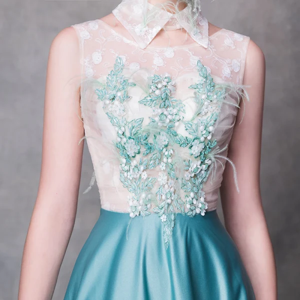 Modern / Fashion Jade Green Evening Dresses 2018 A-Line / Princess Detachable High Neck Sleeveless Appliques Flower Pearl Feather Sweep Train Ruffle Backless Formal Dresses
