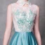 Modern / Fashion Jade Green Evening Dresses  2018 A-Line / Princess Detachable High Neck Sleeveless Appliques Flower Pearl Feather Sweep Train Ruffle Backless Formal Dresses