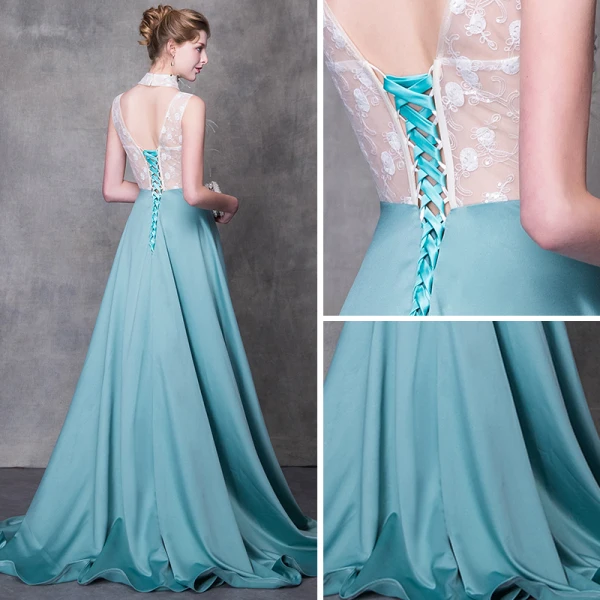 Modern / Fashion Jade Green Evening Dresses 2018 A-Line / Princess Detachable High Neck Sleeveless Appliques Flower Pearl Feather Sweep Train Ruffle Backless Formal Dresses