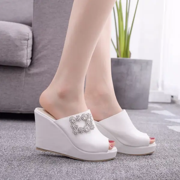 Roman White Rhinestone Prom Womens Sandals 2025 10 cm Wedges Open / Peep Toe Sandals High Heels