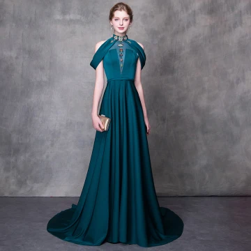 Modern Fashion Ink Blue Evening Dresses 2018 A Line Princess High Neck Strapless Sleeveless Beading Rhinestone Sash Court Train Ruffle Backless Formal Dresses