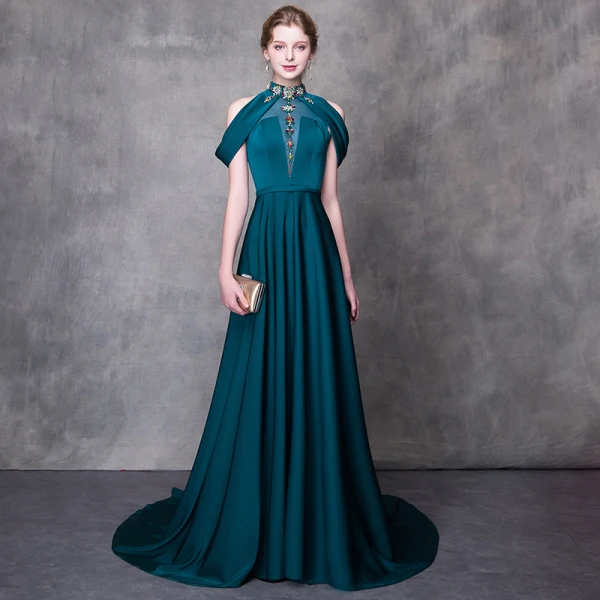 Modern / Fashion Ink Blue Evening Dresses 2018 A-Line / Princess High Neck Strapless Sleeveless Beading Rhinestone Sash Court Train Ruffle Backless Formal Dresses