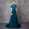 Modern / Fashion Ink Blue Evening Dresses  2018 A-Line / Princess High Neck Strapless Sleeveless Beading Rhinestone Sash Court Train Ruffle Backless Formal Dresses
