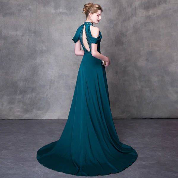 Modern / Fashion Ink Blue Evening Dresses 2018 A-Line / Princess High Neck Strapless Sleeveless Beading Rhinestone Sash Court Train Ruffle Backless Formal Dresses