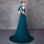 Modern / Fashion Ink Blue Evening Dresses  2018 A-Line / Princess High Neck Strapless Sleeveless Beading Rhinestone Sash Court Train Ruffle Backless Formal Dresses