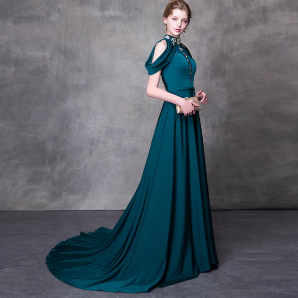 Modern / Fashion Ink Blue Evening Dresses 2018 A-Line / Princess High Neck Strapless Sleeveless Beading Rhinestone Sash Court Train Ruffle Backless Formal Dresses